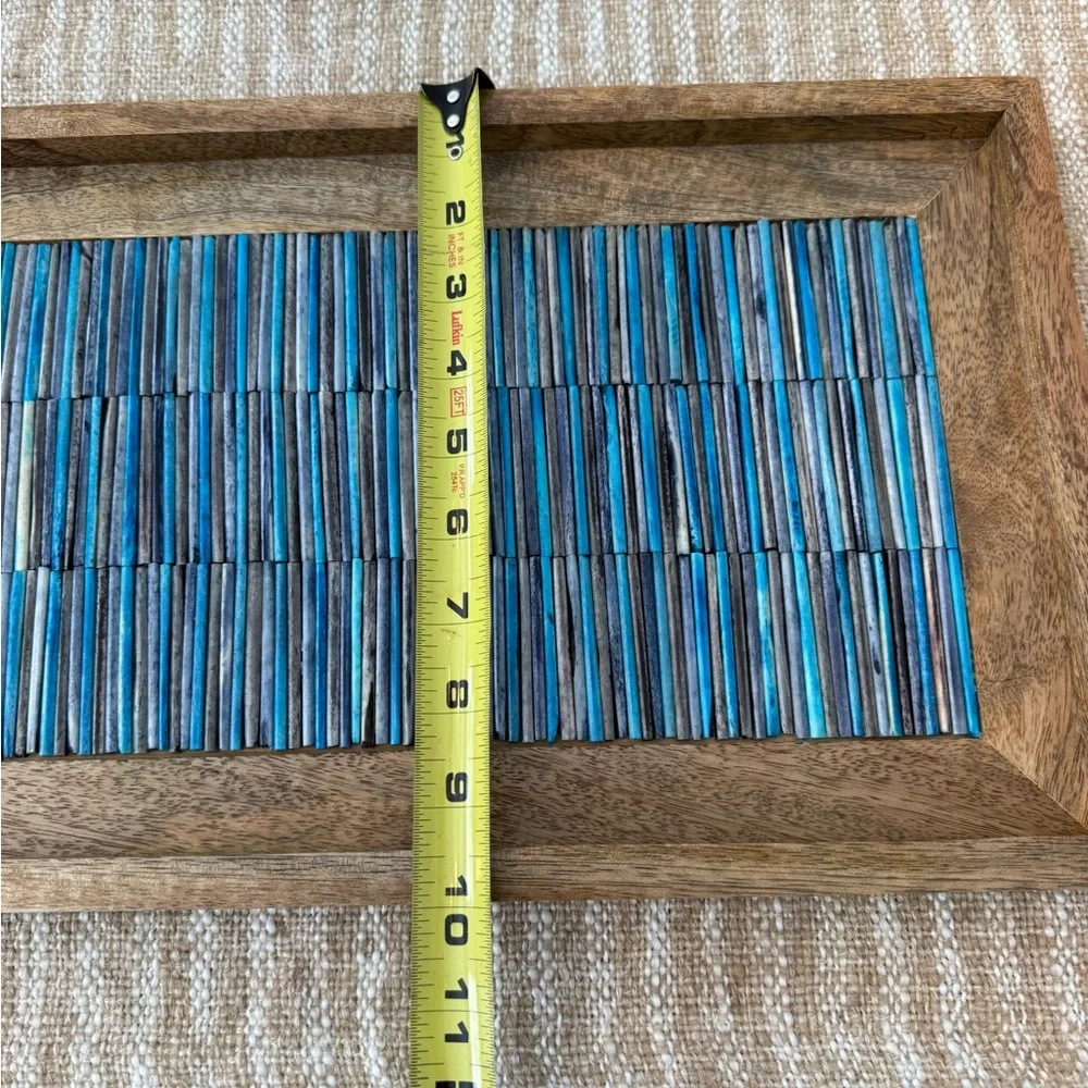 Wooden Tray with Blue Striped Design